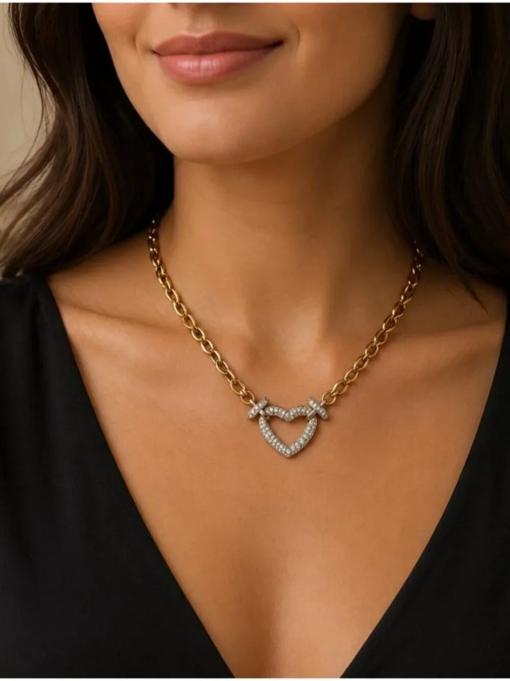 Gold-Tone Chain Necklace with Crystal Heart Pendant